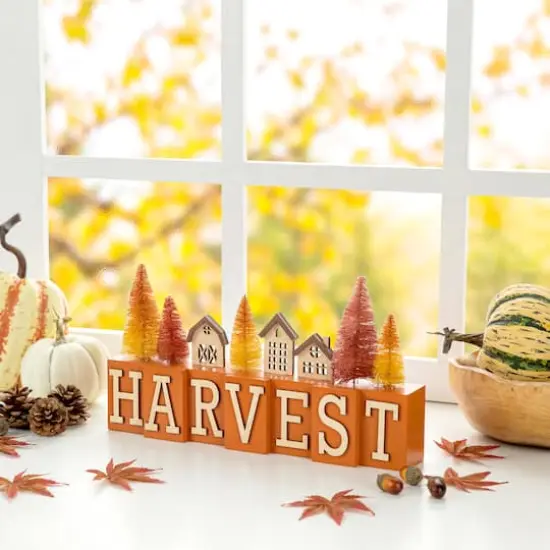 Glitzhome&reg; 14" Harvest Wooden House and Brush Trees Table D&eacute;cor {5}