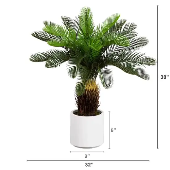 30in. UV Resistant Artificial Cycas Palm Tree in White Decorative Planter (Indoor/Outdoor) {3}