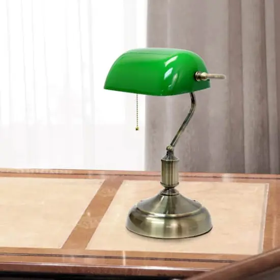 Simple Designs 15" Executive Banker's Desk Lamp with Glass Shade Green/Antique Nickel {5}