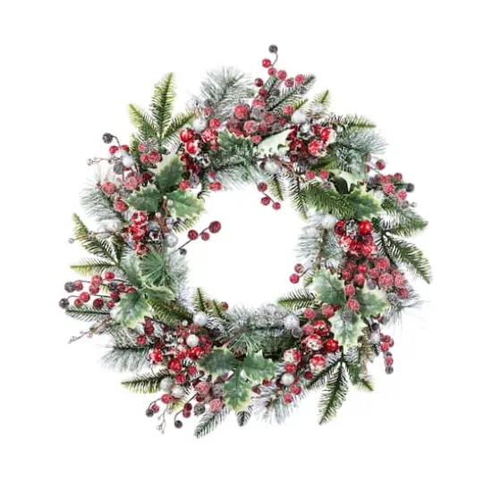 Glitzhome&reg; 24"D Christmas Red Pomegranate Berry & Holy Leaf Wreath {1}