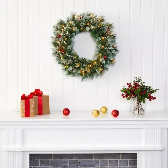 24" LED Frosted Swiss Pine & Berry Artificial Wreath {4}