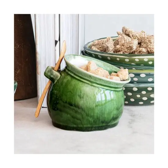 Hello Honey® 4" Green Stoneware Salt Dish with Acacia Wood Spoon {4}