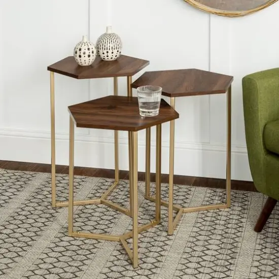 Walker Edison Dark Walnut/Gold Hexagon Modern Nesting Tables Set {4}