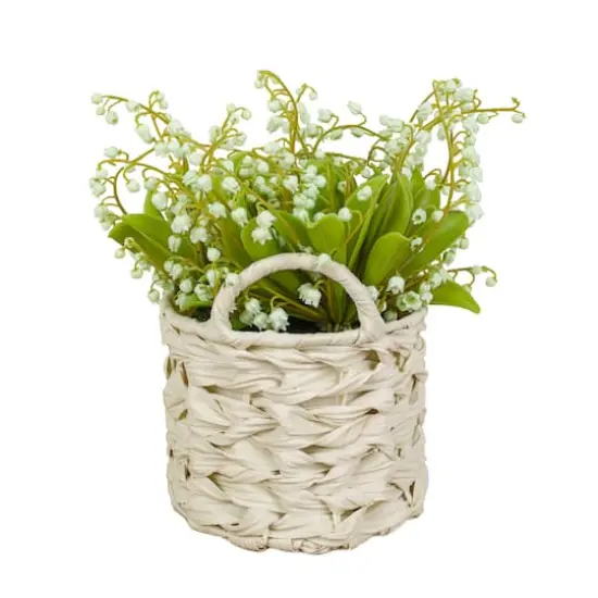 11" Lily-Of-The-Valley Flowers In White Basket Green {1}