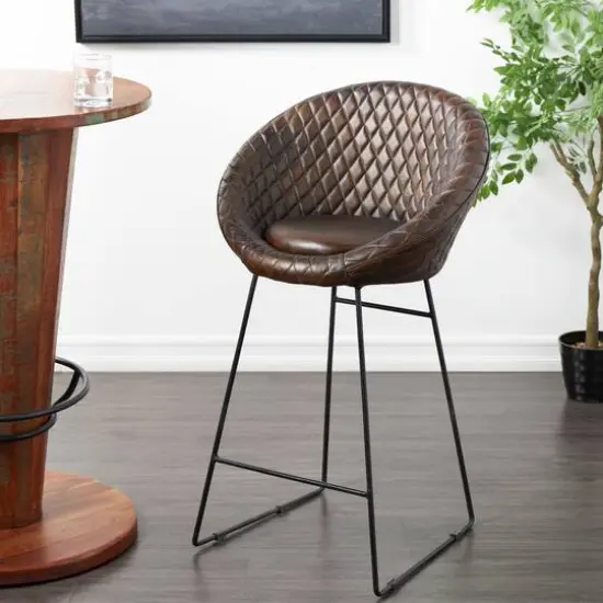 41.5" Leather Round Diamond Tufted Bar Stool with High Back Dark Brown {4}