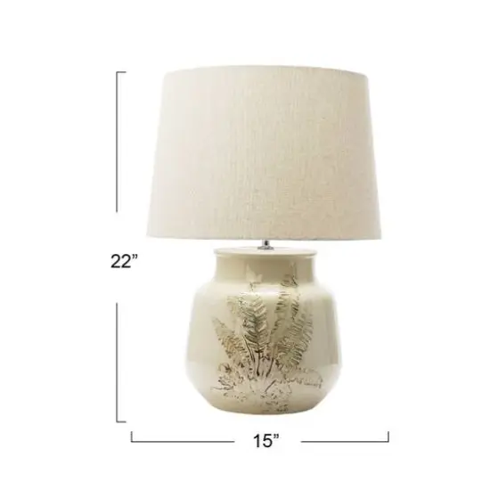 Hello Honey&reg; 22" Cream and Green Reactive Crackle Glaze Debossed Botanical Stoneware Table Lamp with Linen Shade Set {7}