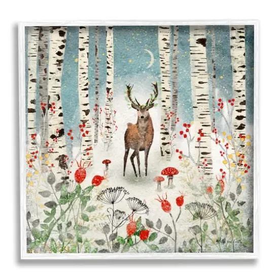 Stupell Industries Deer In Nighttime Birch Forest Black Framed Giclee Art White {1}