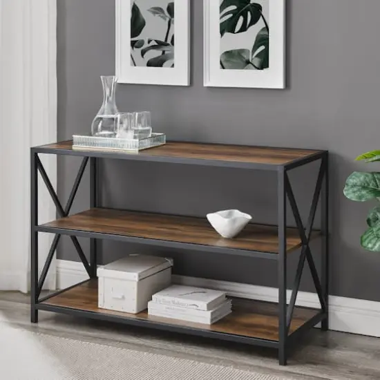 Walker Edison Rustic Oak X-Frame Industrial Wood Bookshelf {3}
