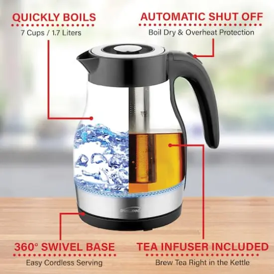 Brentwood 1.79qt. Black Cordless Glass Electric Kettle with Tea Infuser and Swivel Base {5}
