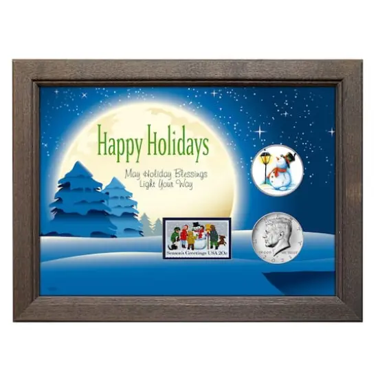 Happy Holidays Snowman Colorized Half Dollar With 2021 JFK Coins and Snowman Stamp in Wood Frame {1}