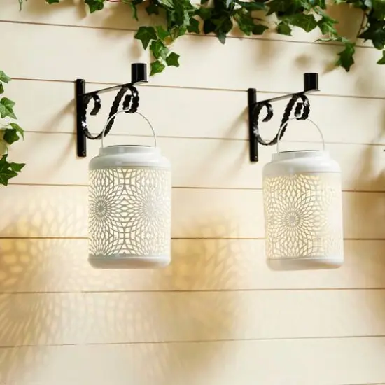 Glitzhome&reg; 8.75" Metal Cutout Solar Powered Hanging Lantern Set White {6}
