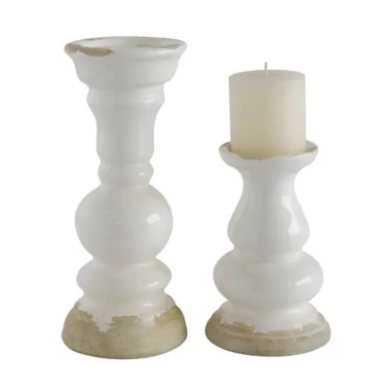 Hello Honey&reg; 12'' Distressed White Stoneware Pillar Candle Holder {4}