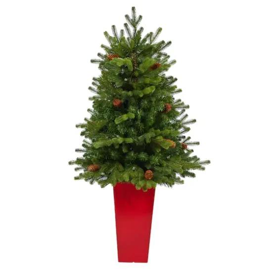 3.5ft. Pre-Lit Yukon Mountain Fir Artificial Christmas Tree in Red Planter, Clear Lights {4}