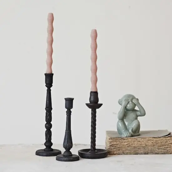 Hello Honey&reg; Round Black Wood Taper Candle Holder Set {3}