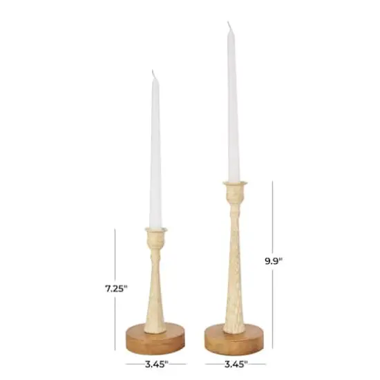 Cream Metal Textured Tapered Taper Candle Holder with Brown Wood Bases Set {8}