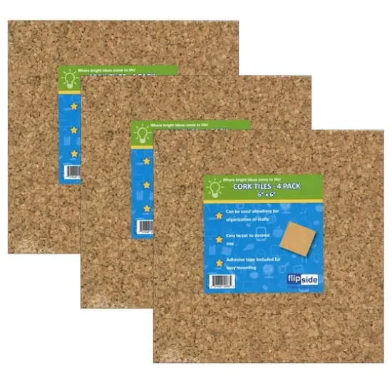 Flipside Products 6" x 6" Natural Cork Tiles, 3 Packs of 4 {1}