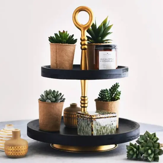Hello Honey&reg; 18" Black and Gold Wood 2-Tier Decorative Tray {3}