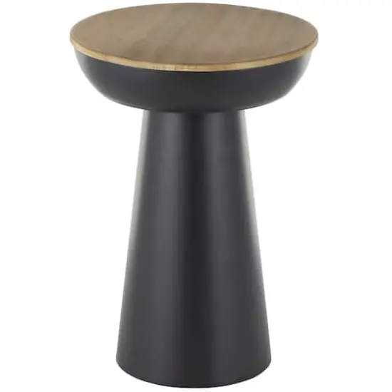 21" Black Metal Pedestal Accent Table with Brown Wood Tabletop {1}