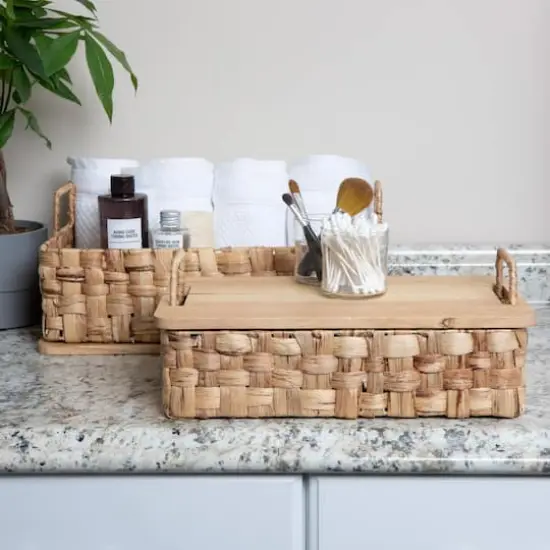 Household Essentials Stackable Hyacinth Basket Set with Oak Lids {3}