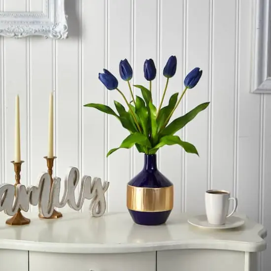 22" Blue Dutch Tulip Arrangement in Blue & Gold Designer Vase {4}
