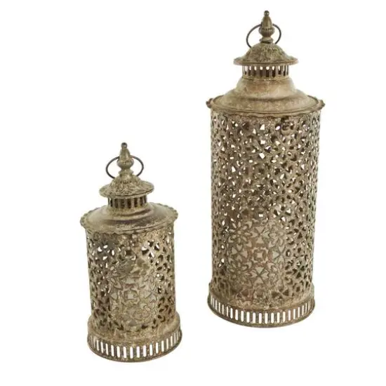 Brown Distressed Ornate Floral Candle Lantern Set {1}