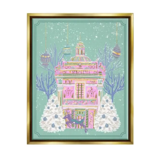 Stupell Industries Pink Ornate Christmas Building Gold Framed Floater Canvas Wall Art {1}