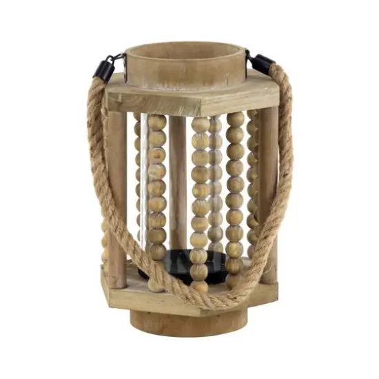 11" Light Brown Recycled Wood Candle Holder Lantern {3}
