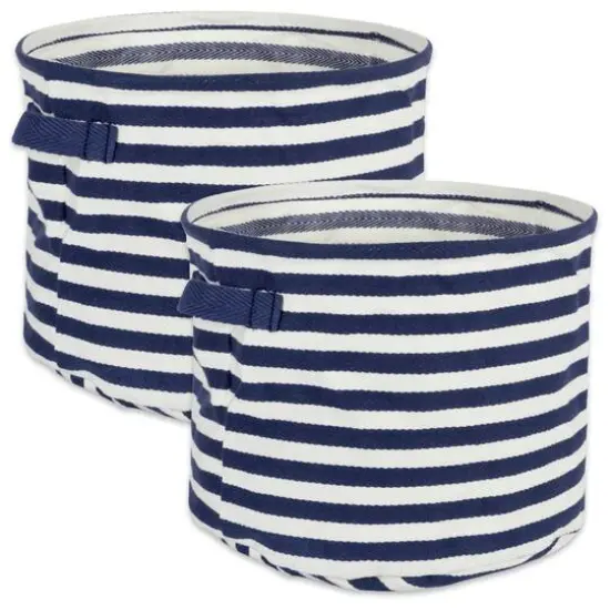 DII&reg; Medium Round Stripes PE-Coated Herringbone Woven Cotton Laundry Bin, 2ct. French Blue {1}