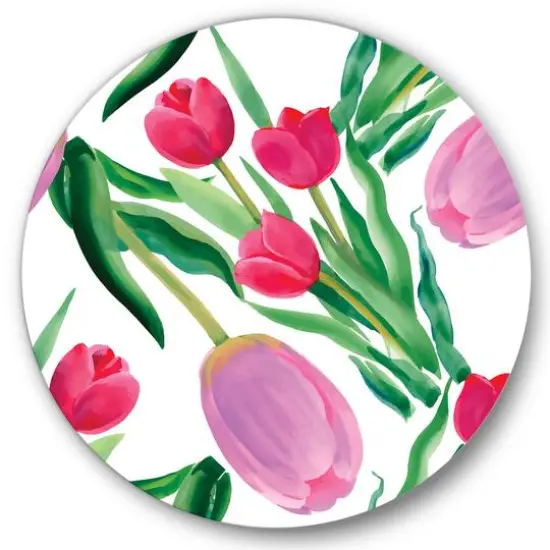 Designart - Blooming Beautiful Pink Tulips Flowers - Traditional Metal Circle Wall Art {1}