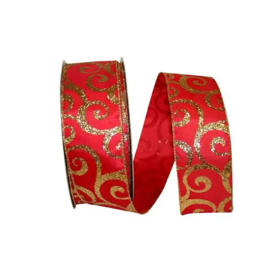 JAM Paper 2.5" x 50yd. Red & Gold Scroll Wired Glitter Ribbon {1}