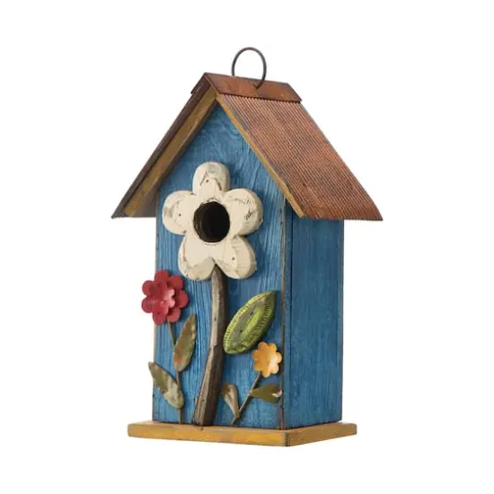 Glitzhome&reg; 10.25" Retro Blue Distressed Flower Birdhouse {1}