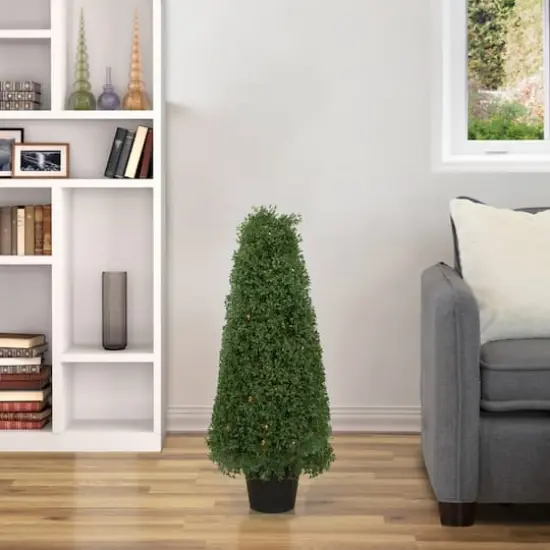 3ft. Pre-Lit Artificial Boxwood Cone Topiary Tree with Round Pot, Clear Lights {3}