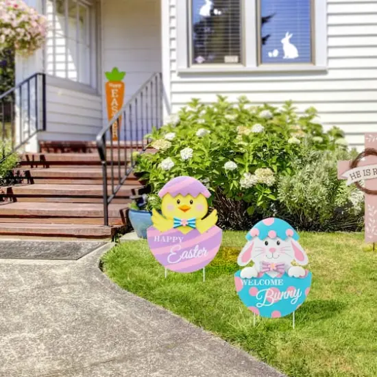 Glitzhome&reg; 24" Easter Metal Bunny & Chick Egg Yard Stake Set {4}