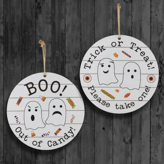 12" White Hanging Double-Sided Trick or Treat/Out of Candy Round Plank Sign {3}