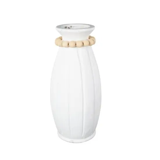 20" White Magnesium Oxide Decorative Vase with Light Brown Beads & Carved Grooves {7}
