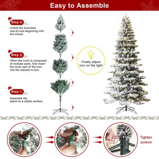 9ft. Pre-Lit Flocked Slim Spruce Artificial Christmas Tree, Warm White LED Lights {9}