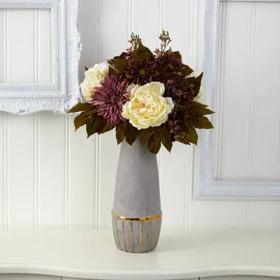 24" Peony, Hydrangea & Dahlia Arrangement in Stoneware Vase {3}