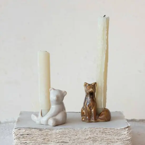 Hello Honey® 3.25" White Stoneware Bear Taper Candleholder with Reactive Glaze {3}