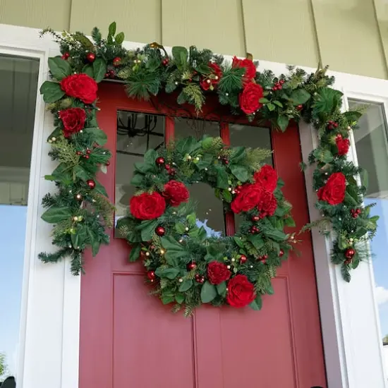 Village Lighting 30" LED Red Peonies & Berry Wreath {6}