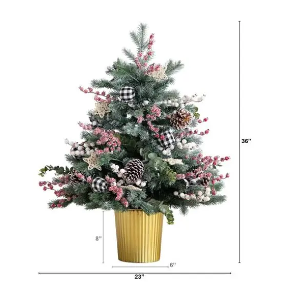 3ft. Pre-Lit Snow-Covered Artificial Christmas Tree in Golden Planter, Color-Changing LED Lights {6}