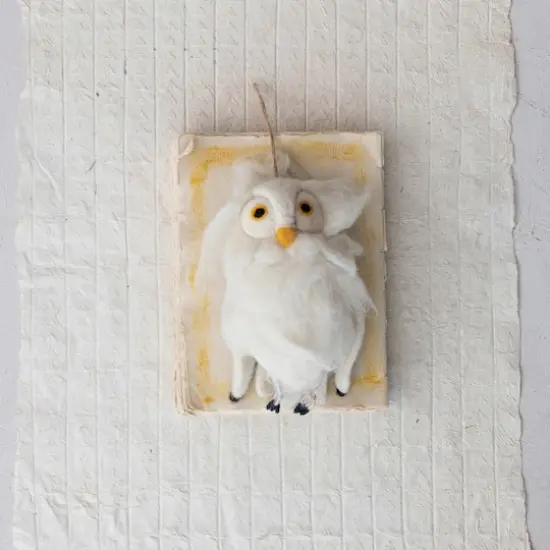 Hello Honey® 8" White, Yellow & Black Handmade Wool Felt Owl Ornament with Embroidery {3}