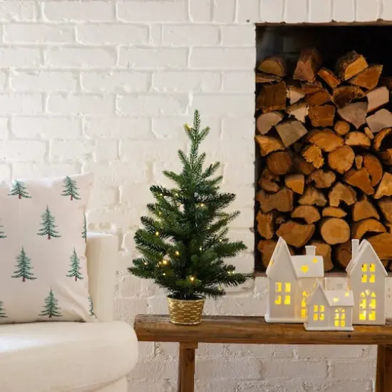 2ft. Pre-Lit Artificial Classic Christmas Tree with 35 Warm White LED Lights in Gold Decorative Planter {12}