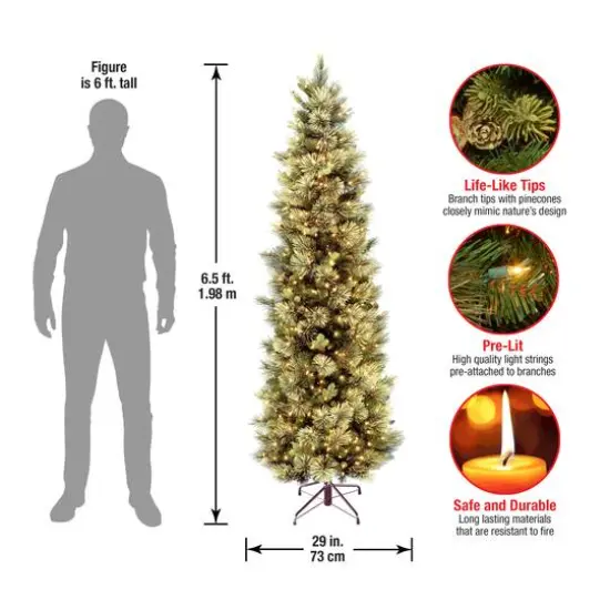 6.5 ft. Pre-Lit Carolina Pine Slim Artificial Christmas Tree with Flocked Pine Cones, Clear Lights {6}