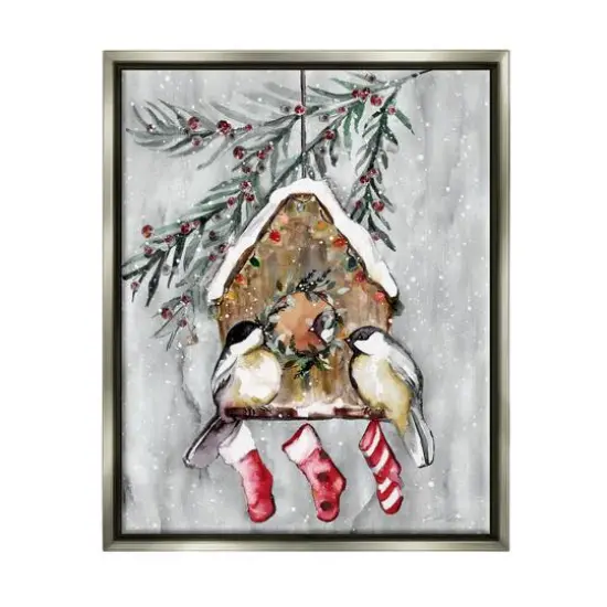 Stupell Industries Holiday Stockings Birdhouse Perched Gold Framed Floater Canvas Wall Art Gray {1}