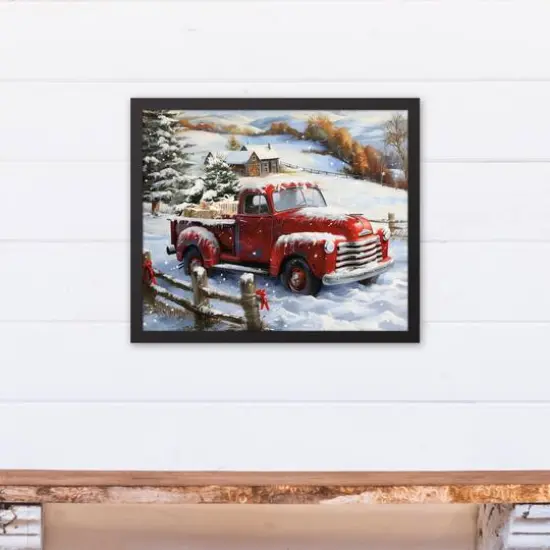 Farmhouse Red Christmas Truck 21.73" x 17.73" Black Framed Canvas {4}