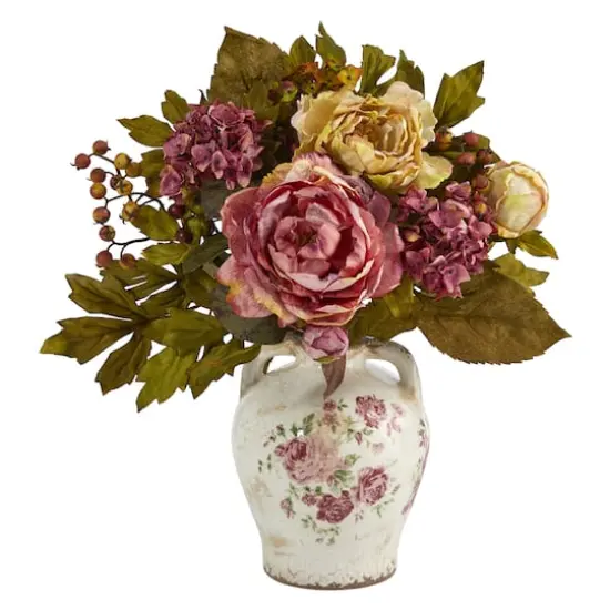 16'' Pink & Yellow Peony Arrangement in Flower Print Jar {1}