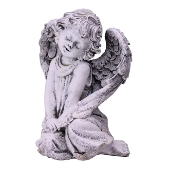 9.5" Heavenly Gardens Gray Sitting Cherub Angel Outdoor Garden Statue {1}