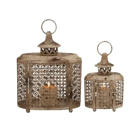 Beige Metal Rustic Lantern Set {1}