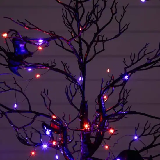 4ft. Pre-Lit Artificial Halloween Black Spooky Twig Tree with Bats and 120 Orange & Purple LED Lights {8}