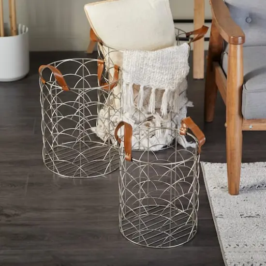CosmoLiving by Cosmopolitan Silver Metal Storage Basket with Faux Leather Handles Set of 3 16", 14", 12" {8}